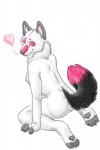 4_toes anthro biped breasts butt claws dipstick_tail feet female fingerless_(marking) fur green_eyes grey_body grey_fur heart_symbol kneeling looking_at_viewer looking_back markings multicolored_tail nude pink_body pink_fur side_boob simple_background smile solo tail tail_markings toeless_(marking) toes white_background white_body white_fur purra canid canine canis mammal wolf 2010 2:3