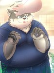 anthro asian_clothing blep clothing duo east_asian_clothing eyebrows fur grey_body grey_fur japanese_clothing kemono male petting scar smile thick_eyebrows tongue tongue_out natsonano lifewonders tokyo_afterschool_summoners moritaka_(tas) canid canine canis domestic_dog human mammal