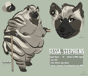 anthro breasts cane ear_piercing female gauged_ear mobility-aid morbidly_obese morbidly_obese_female obese obese_female overweight overweight_female piercing sagging_breasts solo backalleyarts qapricore tessa_stephens hyena mammal striped_hyena absurd_res colored_sketch hi_res model_sheet sketch