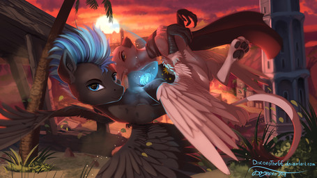 black_body black_feathers blue_eyes blue_hair claws day detailed_background duo feathered_wings feathers female female_feral feral hair male male_feral outside pink_body pink_feathers sky smile sun wings discordthege hasbro my_little_pony mythology fan_character avian gryphon mythological_avian mythological_creature 16:9 2018 colored digital_media_(artwork) hi_res widescreen