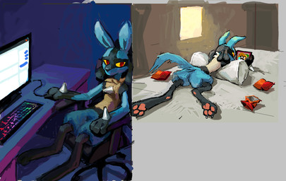 3_fingers 3_toes anthro blue_background blue_body chair chest_spike claws computer computer_keyboard electronics featureless_crotch feet fingers furniture gaming_chair lying male nude_anthro nude_male on_front pawpads paws pillow purple_background rear_view red_eyes relaxing simple_background sitting solo spikes spikes_(anatomy) tan_body toe_claws toes yellow_sclera worm_(artist) nintendo pokemon generation_4_pokemon lucario pokemon_(species) hi_res