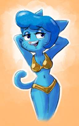 anthro bikini blue_body blue_fur blue_hair clothing female fur gold_bikini hair hands_behind_head looking_at_viewer mature_female navel short_hair smile solo standing swimwear two-piece_swimsuit latebun cartoon_network golden_week the_amazing_world_of_gumball nicole_watterson domestic_cat felid feline felis mammal