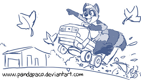 anthro autumn biped building driving featureless_crotch fisheye_lens glistening glistening_eyes gloves_(marking) happy lawn_mower leaf leaves_blowing leg_markings logo male markings nude open_mouth open_smile outside riding_mower sitting smile socks_(marking) solo text young young_anthro young_male pandapaco mammal procyonid raccoon artist_logo digital_drawing_(artwork) digital_media_(artwork) monochrome signature sketch url