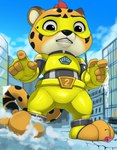 4_fingers anthro city cloud destruction fingers giant_cub larger_young looking_at_viewer looking_down macro male mask size_difference sky solo superhero young young_anthro diacordst kingdom_force jabari_(kingdom_force) cheetah felid feline mammal 2021 hi_res