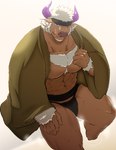 abs accessory anthro body_hair brown_body brown_fur chest_hair clothing fur hair headband horn male muscular muscular_anthro muscular_male nipples one_eye_closed pecs solo speedo swimwear white_hair wink samoji lifewonders tokyo_afterschool_summoners shennong_(tas) bovid bovine cattle mammal hi_res