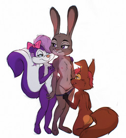accessory anthro bow_ribbon breasts clothing clothing_pull female female/female flat_chested fur genitals gloves_(marking) group hair hair_accessory hair_bow hair_ribbon interspecies kneeling markings multicolored_body multicolored_fur nude panties panty_pull purple_hair ribbons simple_background standing topless_to_nude trio two_tone_body two_tone_fur underwear underwear_pull undressing vulva white_background unknown_artist disney prostokvashino tiny_toon_adventures warner_brothers zootopia fifi_la_fume judy_hopps tama-tama hybrid lagomorph leporid mammal mephitid rabbit skunk crossover hi_res