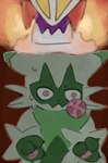 anthro bodily_fluids breath_powers duo elemental_manipulation feral fire fire_breathing fire_manipulation male male/male nervous nervous_sweat pink_pupils pupils red_background scared scared_expression scared_face simple_background sweat toastedeh nintendo pokemon crocodilian felid feline floragato generation_9_pokemon mammal pokemon_(species) reptile scalie skeledirge absurd_res hi_res
