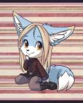anthro biped canid canine chibi clothed clothing fox fur hair kneeling looking_at_viewer male mammal puivei smile solo