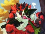 anthro big_muscles blush breasts duo female green_body hug larger_male male male/female muscular red_body size_difference small_breasts smaller_female purrynx queenpurr nintendo pokemon queen_the_meowscarada generation_7_pokemon generation_9_pokemon incineroar meowscarada pokemon_(species)