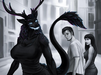 anthro antlers big_breasts bioluminescence black_body black_fur breasts claws clothed clothing female female_anthro fur glowing glowing_eyes glowing_teeth group hand_holding horn humor long_tail looking_back male pointy_ears sharp_teeth shirt simple_background smile smiling_at_another street tail tank_top teeth topwear trio vitaly_s_alexius american_mythology distracted_boyfriend indigenous_north_american_mythology mythology north_american_mythology stupid_sexy_cryptids ashcroft_"ash"_julian_clifford starshade cryptid human mammal omnid wendigo digital_media_(artwork) hi_res meme
