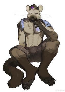 anthro athletic athletic_anthro athletic_male black_body black_fur black_hair blue_hair bodily_fluids bottomwear clothed clothing collar container cup feet fur grey_body grey_fur hair hindpaw holding_container holding_cup holding_object looking_at_viewer male paws simple_background sitting solo sweat tongue tongue_out topless oymshzhji0720xz arknights hypergryph studio_montagne spot_(arknights) hyena mammal spotted_hyena 2025 absurd_res hi_res