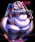 abstract_background angry anthro arm_warmers armwear belly belly_overhang beverage big_belly big_breasts big_tail biped bottomwear bra breasts cjk_character claws cleavage clenched_teeth clothed clothing collar countershading deep_navel dialogue ear_piercing ear_ring eyebrow_piercing facial_piercing feet female frown fur g-string glowing glowing_eyes grey_body grey_fur grey_hair hair hand_on_own_belly holding_beverage holding_object huge_thighs leg_warmers legwear looking_at_viewer multicolored_body multicolored_fur navel obese obese_anthro obese_female overweight overweight_anthro overweight_female piercing profanity red_sclera retro ring_piercing shorts simple_background solo speech_bubble spiked_collar spikes standing synthwave tail teeth text thick_thighs three-quarter_view toes topwear transparent_background two_tone_body two_tone_fur undersized_topwear underwear white_body white_eyes white_fur nobody-64 helluva_boss mythology loona_(helluva_boss) canid canid_demon canine demon hellhound mammal mythological_canine mythological_creature 2023 alpha_channel alternate_version_at_source digital_drawing_(artwork) digital_media_(artwork) english_text full-length_portrait hi_res portrait spanish_text