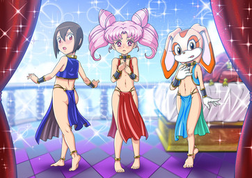 anthro bottomwear breasts brown_hair clothed clothing collar female gloves group hair handwear harem harem_outfit loincloth loli looking_at_viewer looking_back navel open_clothing open_topwear pelvic_curtain pink_hair skimpy slave slave_clothing small_breasts standing topwear white_clothing white_gloves white_handwear young young_anthro young_female young_human the_dark_mangaka bandai_namco digimon sailor_moon_(series) sega sonic_the_hedgehog_(series) sonic_x chibi_usa cream_the_rabbit hikari_kamiya human lagomorph leporid mammal rabbit crossover digital_media_(artwork)