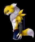 anthro belt biped black_nose black_sclera blue_eyes bottomwear buckle clothed clothing fur gloves hair handwear male mane pants simple_background solo spikes standing studs topless transparent_background white_body white_fur yellow_body yellow_fur diaszoom bandai_namco digimon fan_character renomon canid canine digimon_(species) mammal renamon alpha_channel