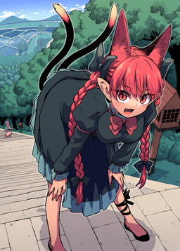 2_tails 4_ears accessory black_clothing black_footwear black_shoes blue_clothing blue_shirt blue_topwear bottomwear bow_ribbon braided_hair breasts clothing detailed_background dress duo exhausted female flats_(shoes) footwear green_clothing green_dress hair hair_accessory hair_bow hair_ribbon hands_on_knees hands_on_legs hands_on_own_knees hands_on_own_legs humanoid_pointy_ears leaning leaning_forward mountain multi_ear multi_tail open_mouth open_smile pigtails pink_bottomwear pink_clothing pink_skirt plant pointy_and_animal_ears pointy_ears pupils red_eyes red_hair ribbons shirt shoes skirt slit_pupils smile solo_focus stairs tail topwear tree twin_braids twintails_(hairstyle) urazasa asian_mythology east_asian_mythology japanese_mythology mythology touhou rin_kaenbyou satori_komeiji animal_humanoid cat_humanoid felid felid_humanoid feline feline_humanoid humanoid mammal mammal_humanoid nekomata yokai absurd_res hi_res