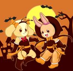 anthro castle clothing costume duo female food footwear fruit gloves halloween_costume halloween_decoration handwear hat headgear headwear holidays jewelry necklace plant pumpkin ribbons shoes witch_hat komeya halloween maple_town palm_town shin_maple_town_monogatari lory_(maple_town) patty_(maple_town) rolly_(maple_town) bat canid canine canis domestic_dog lagomorph leporid mammal rabbit