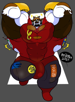 anthro big_muscles clothing golden_guard_(cluclyde) growth male muscle_growth muscular solo sponsorship superhero superhero_costume torn_clothing c-trigger theredgoon bird_dog canid canine canis domestic_dog golden_retriever hunting_dog mammal retriever absurd_res hi_res watermark