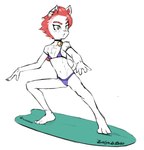 anthro bell bell_collar bikini clothing collar ear_piercing ear_ring female freckles fur hair piercing red_hair ring_piercing solo surfboard swimwear two-piece_swimsuit white_body white_fur young young_anthro drawfag 1500chan evelyn_(1500chan) felid feline mammal hi_res