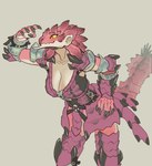 anthro armor big_breasts biped breasts claws cleavage clothed clothing cuisse female female_anthro finger_claws multicolored_body orange_eyes pauldron pink_body pink_scales scales smile solo tassets white_body yellow_sclera yolabayola1 capcom monster_hunter pink_rathian rath_wyvern rathian 2024 absurd_res digital_media_(artwork) hi_res