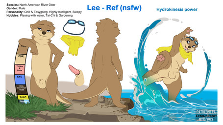 animal_genitalia anthro black_sheath_slit blue_eyes brown_body brown_fur elemental_manipulation eyewear fur genitals goggles male scarf sheath sheath_slit solo standing text water_manipulation yellow_scarf letodoesart lee_(tamerlee) mammal mustelid otter river_otter 16:9 2022 4k absurd_res dated english_text hi_res model_sheet widescreen