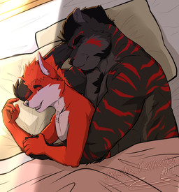 anthro beard bed biceps black_body black_fur chest_tuft cuddling duo ears_up eyes_closed facial_hair facial_scar fur furniture grey_body grey_fur hair hand_holding holding_partner inside light lying male male/male manly mouth_closed muscular on_bed open_mouth pecs pillow red_body red_fur red_hair red_stripes scar size_difference stripes sunlight teeth triceps tuft ayato_kamata ayato_(ayato_kamata) bi_(ayato_kamata) canid canine canis felid mammal pantherine tiger wolf hi_res watermark