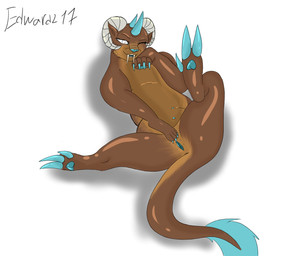 aderthad blue_body blue_claws blue_fur blue_nose blue_pawpads brown_body brown_fur claws curled_horn fangs female feral finger_claws fur genitals horn multi_nipple nipples one_eye_closed open_mouth pawpads sabertooth_(anatomy) shadow simple_background solo tail teasing teeth text toe_claws vulva white_background white_eyes wink edward217 sharzakh chimera artist_name hi_res