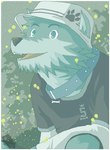 :v anthro border clothed clothing collar detailed_background footprint fur green_body green_fur hat headgear headwear male nature night open_mouth outside pawprint shirt sky solo star starry_sky topwear beaugilliam beau_(bo-gilliam) canid canine canis mammal wolf aliasing digital_media_(artwork) oekaki restricted_palette source_request