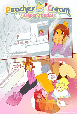 anthro bed bed_sheet bedding blanket bookshelf clothed clothed_anthro clothing dialogue female fully_clothed fully_clothed_anthro furniture group grumpy hands_on_crotch lying on_front on_ground pillow pink_nose sitting smile snow snowman speech_bubble text trio miu cream_(miu) jam_(miu) peaches_(miu) mammal rodent sciurid tree_squirrel 2011 comic english_text