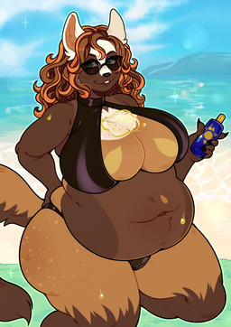 anthro bangs beach belly belly_tuft big_belly big_breasts black_claws black_clothing black_eyewear black_nose black_panties black_sunglasses black_topwear black_underwear breasts brown_body brown_fur brown_hair butt claws clothing cloud cloudy_sky day deep_navel eyelashes eyewear female freckled_breasts freckled_butt freckled_face freckled_hips freckles fur glistening_eyelids green_eyes hair holding_object huge_belly huge_breasts huge_hips huge_thighs kneeling long_eyelashes long_hair looking_away markings multicolored_hair navel overweight overweight_anthro overweight_female panties sand sea sky smile solo sunglasses tail thick_thighs topwear tuft underwear water wavy_hair white_markings wide_hips szaris canid canine canis domestic_dog mammal 2025 colored digital_drawing_(artwork) digital_media_(artwork) flat_colors hi_res