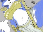 anthro armor belly belly_focus bottomwear breasts clothed clothing clothing_lift detailed_navel female loincloth loincloth_lift low-angle_view midriff navel solo spread_legs spreading staff thick_thighs torso_shot xoti_(artist) nintendo star_fox krystal_(star_fox) canid canine fox mammal hi_res