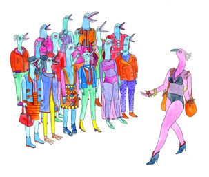 anthro bag beak blue_body boots bottomwear breasts clothed clothing coat dress eyelashes female feral footwear fully_clothed grey_beak group hoodie jacket male open_beak open_mouth pants pink_body plantigrade sandals shoes simple_background standing topwear white_background lisa_hanawalt annelid avian bird earthworm traditional_media_(artwork)