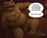 anthro balls belly detailed_background drugs erection foreskin furniture genitals humanoid_genitalia humanoid_penis inside joint_in_hand male marijuana navel nude penis plantigrade profanity sitting slightly_chubby sofa solo speech_bubble talking_to_viewer text castercat amphibian frog toad_(frog) english_text hi_res