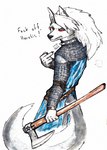 angry anthro axe bearded_axe female gesture hand_gesture holding_melee_weapon holding_object holding_weapon knight medieval melee_weapon middle_finger solo viking warrior weapon anxiousboar helluva_boss mythology loona_(helluva_boss) canid canid_demon canine canis demon hellhound mammal mythological_canine mythological_creature wolf absurd_res hi_res line_art painting_(artwork) traditional_media_(artwork) watercolor_(artwork)