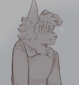 anthro clothing collared_shirt emanata freckles male markings mole_(marking) offscreen_character one_ear_up pie_cut_eyes shirt solo surprised sweater talking_to_another text topwear young cerberussenn louie_sweeto_(cerberussenn) canid canine canis mammal wolf monochrome sepia sketch