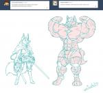 abs anthro ask_blog biceps big_muscles biped bottomwear bulge clothed clothing costume duo flexing fur huge_muscles male muscular muscular_anthro muscular_male pecs shorts standing tail text topless juano jonathan_(juano) stephen_(juano) canid canine canis fox mammal red_fox true_fox wolf digital_drawing_(artwork) digital_media_(artwork) english_text line_art