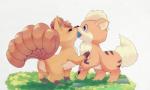 ambiguous_gender berry blush butt duo feral food fruit grass kissing multi_tail oran_berry plant pokemon_berry rock tail teeth rag._(artist) nintendo pokemon canid canine generation_1_pokemon growlithe mammal pokemon_(species) vulpix 5:3