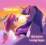 blue_eyes braided_hair braided_ponytail dialogue ethereal_horn ethereal_wings female feral fur hair horn multicolored_hair orange_body orange_fur ponytail purple_body purple_eyes purple_fur purple_hair sunset text wings aztrial friendship_is_magic hasbro mlp_g5 my_little_pony mythology queen_twilight_(mlp) sunny_starscout_(mlp) twilight_sparkle_(mlp) equid equine mammal mythological_creature mythological_equine winged_unicorn english_text hi_res