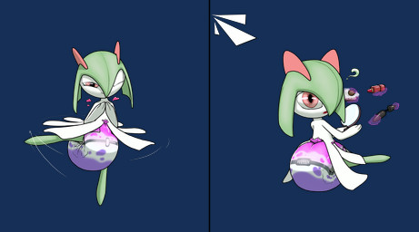 anthro dancing diaper female floating_objects green_hair hair heart_symbol horn multicolored_body multicolored_skin pokeball pokeball_diaper red_eyes sitting solo telekinesis twirling rah345 nintendo pokemon generation_3_pokemon kirlia pokemon_(species) absurd_res alpha_channel hi_res