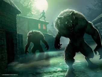 ambiguous_gender anthro black_body black_fur blood bodily_fluids building casual_nudity city claws detailed_background fangs full_moon fur green_eyes group house light lights moon muscular muscular_ambiguous muscular_anthro naturally_censored night nude open_mouth outside plant scary shadow sky social_nudity standing teeth tree izzy_medrano hasbro magic:_the_gathering mythology wizards_of_the_coast canid canine canis mammal mythological_canine mythological_creature werecanid werecanine werecreature werewolf wolf 2016 digital_media_(artwork) official_art