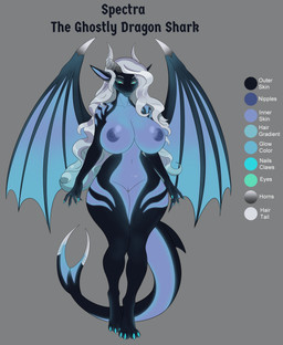 4_toes areola big_breasts blue_areola blue_body blue_eyes breasts claws curvy_figure digitigrade feet female finger_claws genitals glowing glowing_body glowing_markings grey_hair hair horn huge_breasts huge_hips huge_thighs long_hair markings membrane_(anatomy) membranous_wings multicolored_body multicolored_hair navel nipples non-mammal_breasts non-mammal_hair non-mammal_navel non-mammal_nipples non-mammal_vulva nude shark_tail simple_background solo striped_markings stripes text thick_thighs toes turquoise_hair voluptuous vulva wide_hips wings ghost3013 mythology spectra_(ghost3013) aquatic dragon fish hybrid mythological_creature mythological_scalie scalie shark absurd_res english_text full-length_portrait hi_res model_sheet portrait
