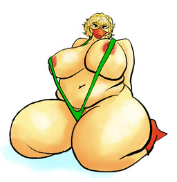 anthro big_breasts bikini_thong blonde_hair breasts clothing female hair large_female looking_at_viewer mature_female pube_peek pubes simple_background sitting slightly_chubby smile solo swimwear thick_thighs white_background wide_hips pokuyuno239 anatid anseriform avian bird duck absurd_res digital_media_(artwork) hi_res