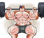 anthro barbell big_bulge big_muscles blush bodily_fluids bulge clothed clothing exercise eyes_closed front_view holding_breath holding_object huge_muscles male moobs muscular muscular_male nipples shorts_only simple_background solo sweat topless topless_male weightlifting weights workout its_coldpizza epic_games fortnite meowscles calico_cat domestic_cat felid feline felis mammal hi_res