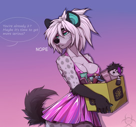 5_fingers anthro apple black_body black_fur black_hands black_tail box breasts clothed clothing container cosmetics dress female fingers food fruit fur gold_apple hair makeup nipple_outline pink_clothing pink_dress plant solo tail text toy white_body white_fur white_hair tashalisets tasha_lisets canid canine hyena mammal spotted_hyena english_text hi_res