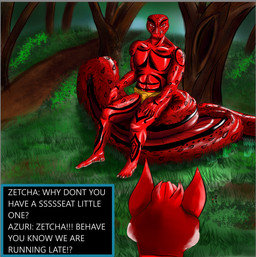 anthro apode big_tail dialogue duo forest forest_background huge_tail hyper hyper_tail legless long_tail male male/male nature nature_background plant red_body serpentine tail text tree zetcha 35fox azuri draconcopode hybrid naga english_text