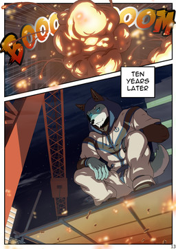 anthro blue_body blue_fur building city clothing construction_site explosion fur hero hoodie kaboom male night solo star text time_skip topwear samaraka avalon_(samaraka) canid canine canis mammal wolf comic english_text