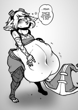 after_vore belly big_belly clothing duo female female_pred hat headgear headwear overweight speech_bubble text vore ecchipandaa league_of_legends riot_games tencent lulu_(lol) tristana_(lol) yordle 2019 absurd_res english_text hi_res monochrome
