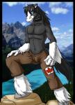 anthro biped black_body black_border black_fur black_hair blue_eyes blue_sky border bottomwear canada canadian_flag clothed clothing cloud collar day feathering front_view fur hair hooves landscape looking_at_viewer male mountain multicolored_body multicolored_fur navel outside pants photo_background river rock sky smile solo standing step_pose topless two_tone_body two_tone_fur white_body white_fur celestialess stode equid equine horse mammal 2010 full-length_portrait hi_res photography_(artwork) portrait signature