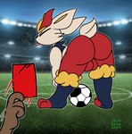2d_animation animated anthro backsack ball balls bent_over butt cinderace comment_chain dark_body dark_skin frame_by_frame generation_8_pokemon genitals lol_comments lovehatealien male nintendo pokemon pokemon_(species) pouting presenting red_balls red_card short_playtime soccer soccer_ball solo sport stadium