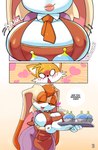 adult_focus age_difference anthro big_breasts blush breast_focus breasts cupcake dialogue female food male mature_female older_female young young_anthro ichduhernz sega sonic_the_hedgehog_(series) miles_prower vanilla_the_rabbit canid canine fox lagomorph leporid mammal rabbit absurd_res comic hi_res