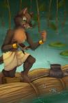 5_fingers anthro black_nose brown_body brown_fur clothed clothing detailed_background fingers fur green_eyes male solo standing topless water minerea canid canine canis mammal wolf 2:3 digital_media_(artwork) hi_res